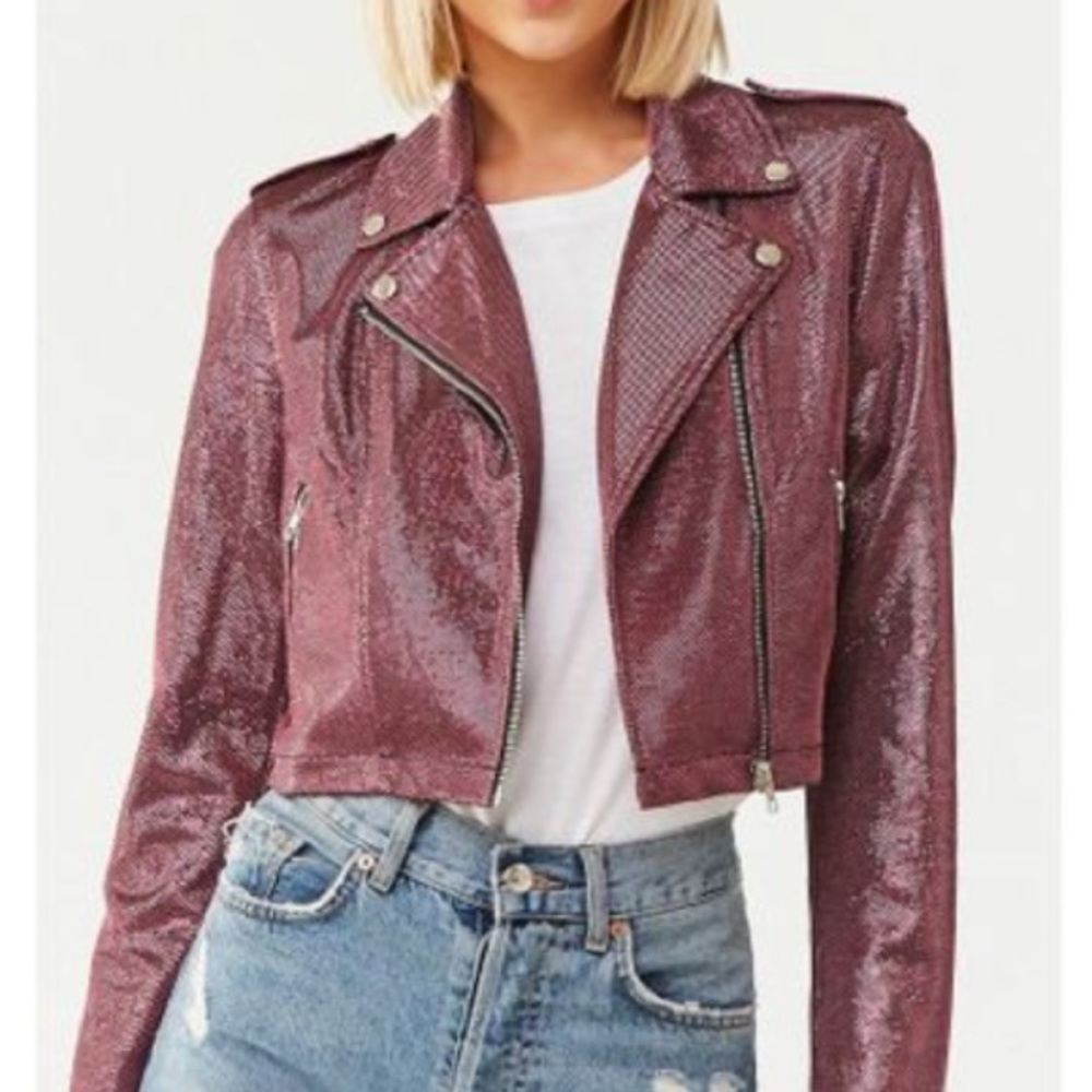 Dark Pink Metallic Zip-up Moto Jacket